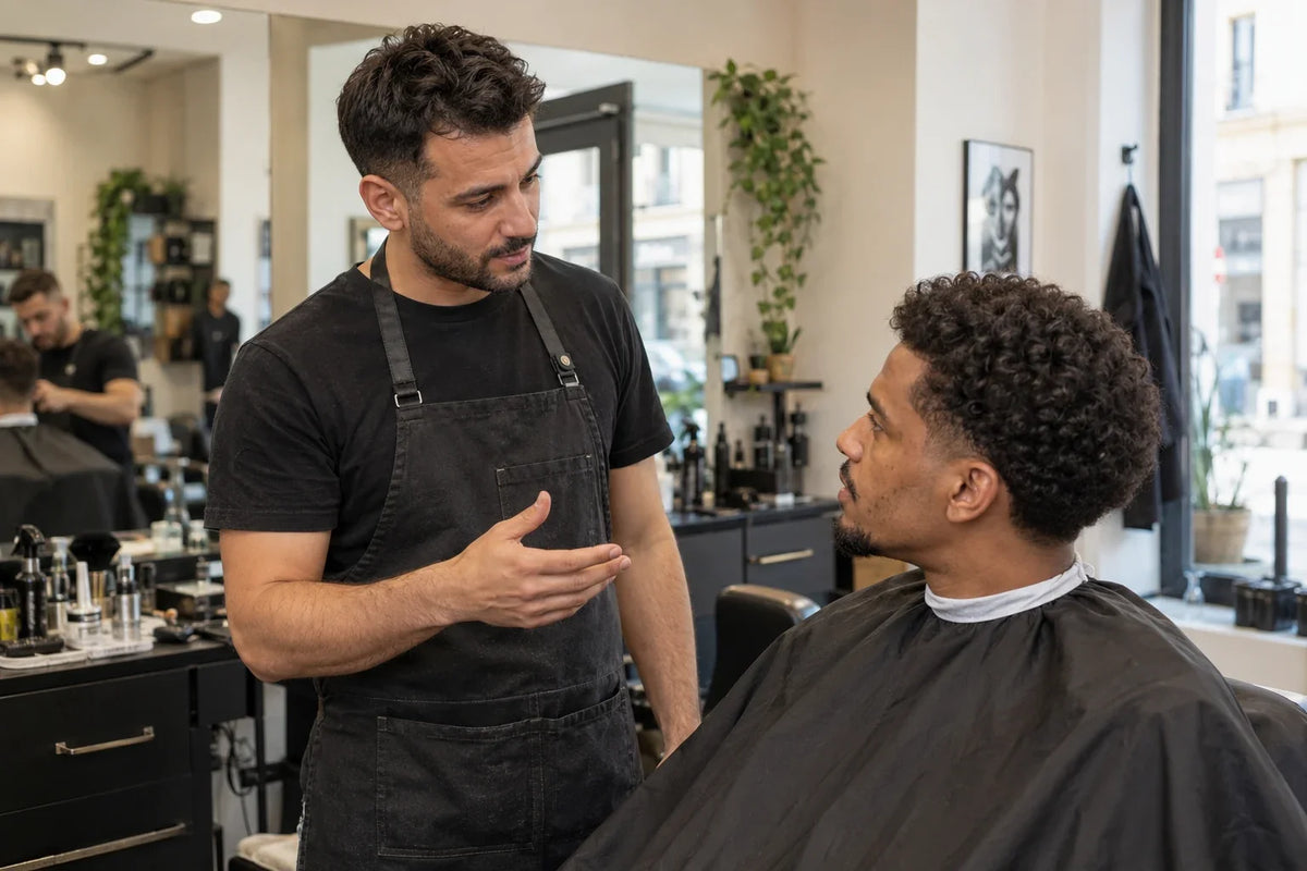 Un barbier échange avec son client avant une coupe courte.