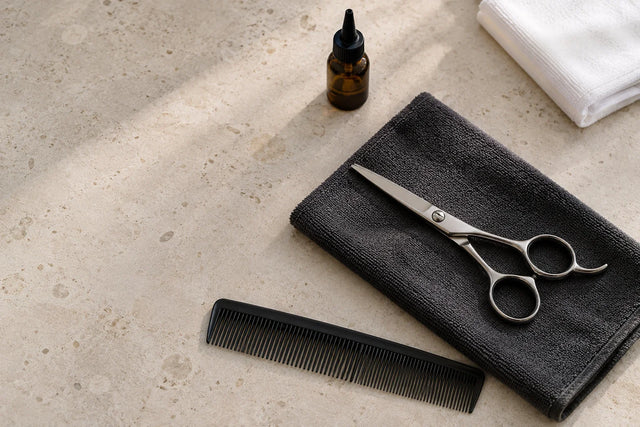 Ciseaux, peigne et serviette prêts à ranger dans la trousse.