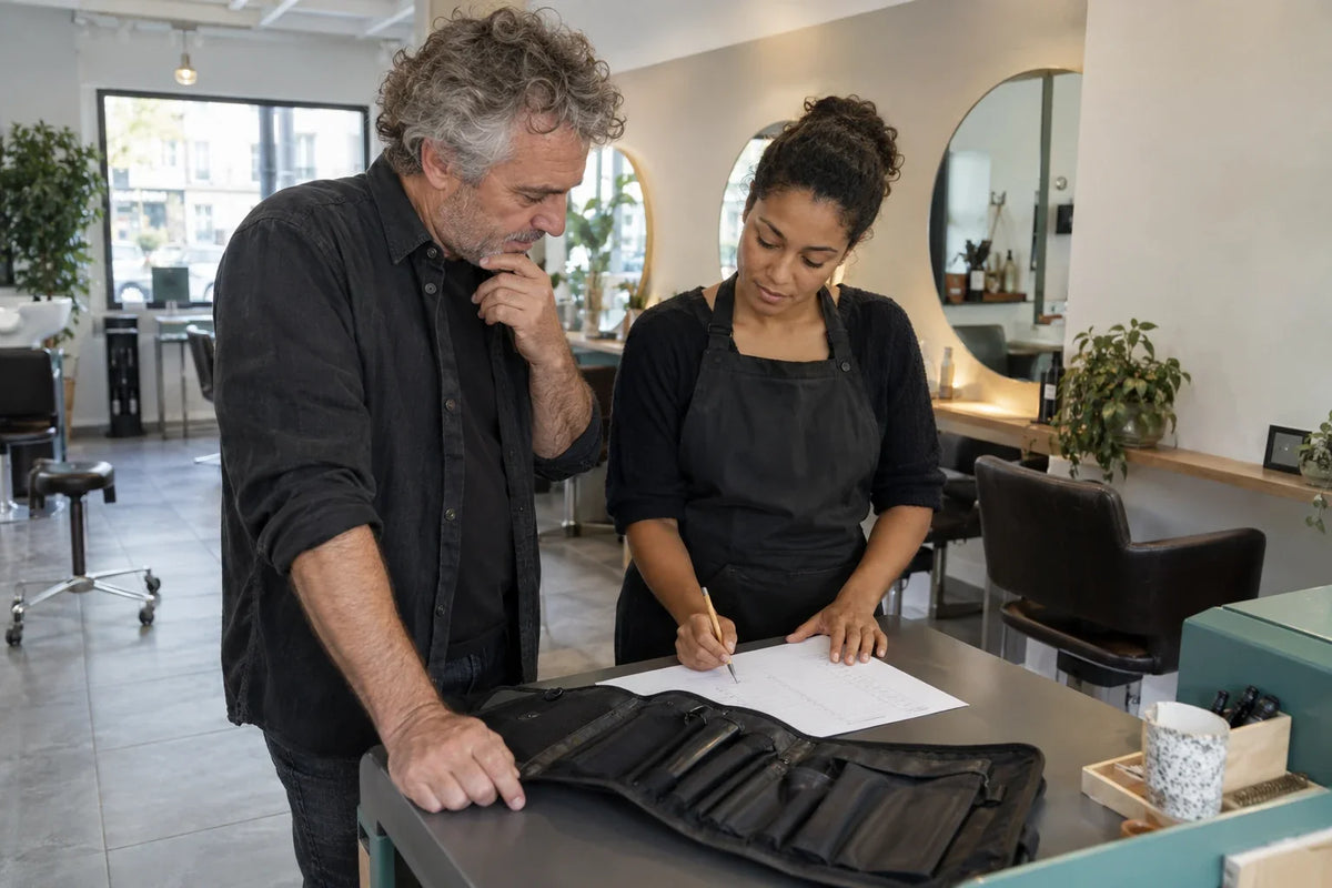 Deux professionnels de la coiffure préparent une comparaison d’équipement autour d’une fiche et d’une trousse vide.
