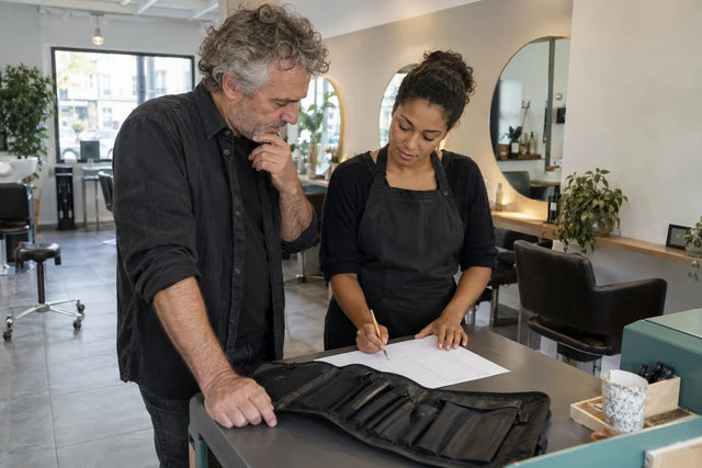 Deux professionnels de la coiffure préparent une comparaison d’équipement autour d’une fiche et d’une trousse vide.
