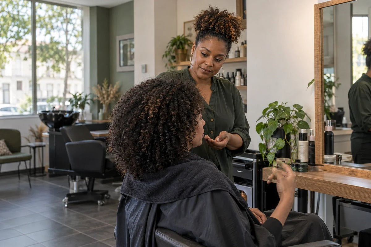 Une coiffeuse examine une chevelure bouclée avant la coupe.