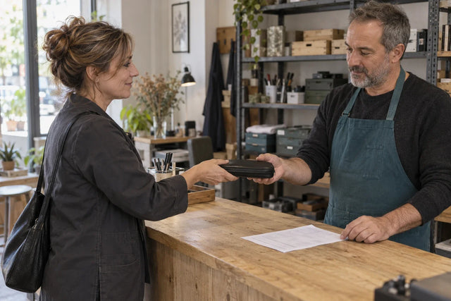 Une coiffeuse remet un étui fermé à un spécialiste au comptoir d’un atelier.