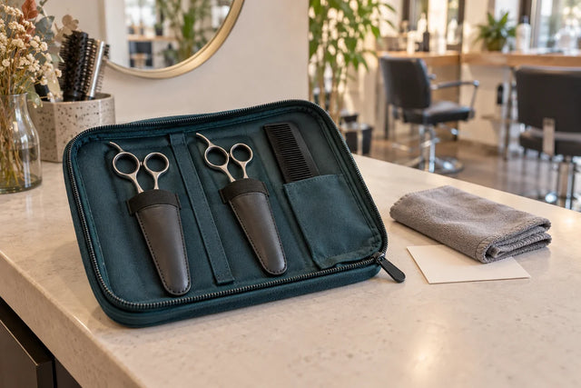 Deux paires de ciseaux protégées par des fourreaux dans une trousse, avec un peigne rangé à part.