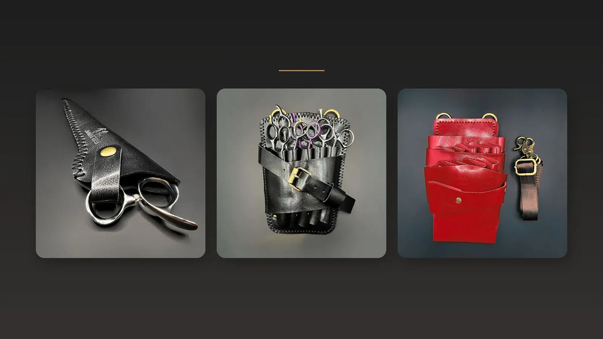 Trois étuis et holsters en cuir pour ciseaux de coiffure.