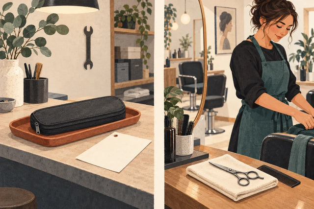 Diptyque illustré : un étui fermé chez un spécialiste et une paire de secours posée sur une serviette au salon.
