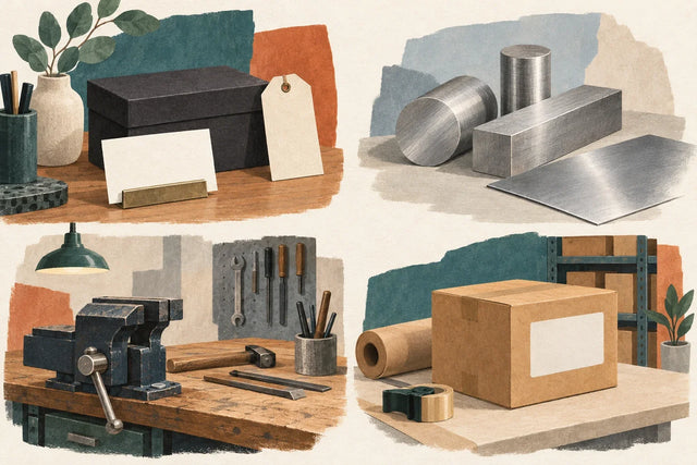 Quatre vignettes illustrées séparant l’identité de marque, le métal, l’atelier de fabrication et le colis d’expédition.