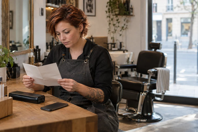 Une barbière prépare son choix de ciseaux au salon.