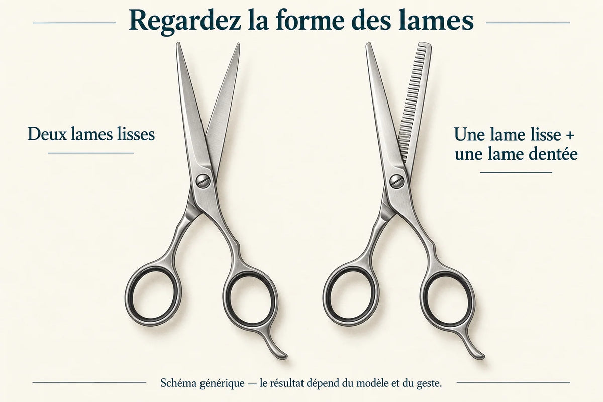 Schéma : deux lames lisses et une lame dentée de ciseaux de coiffure.