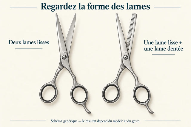 Schéma : deux lames lisses et une lame dentée de ciseaux de coiffure.