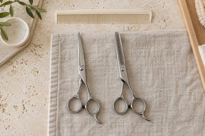 Ciseaux de coupe et ciseaux à effiler posés sur une serviette, près d’un peigne