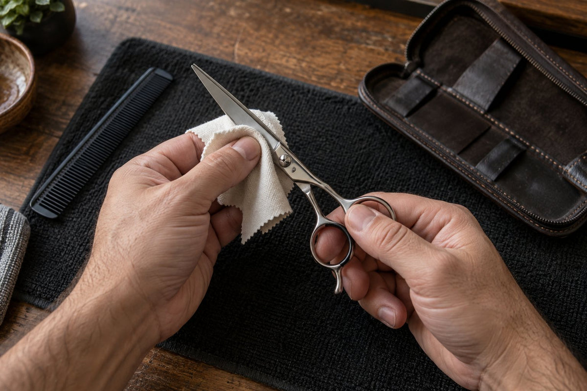 Nettoyage des lames d’une paire de ciseaux avec un chiffon doux