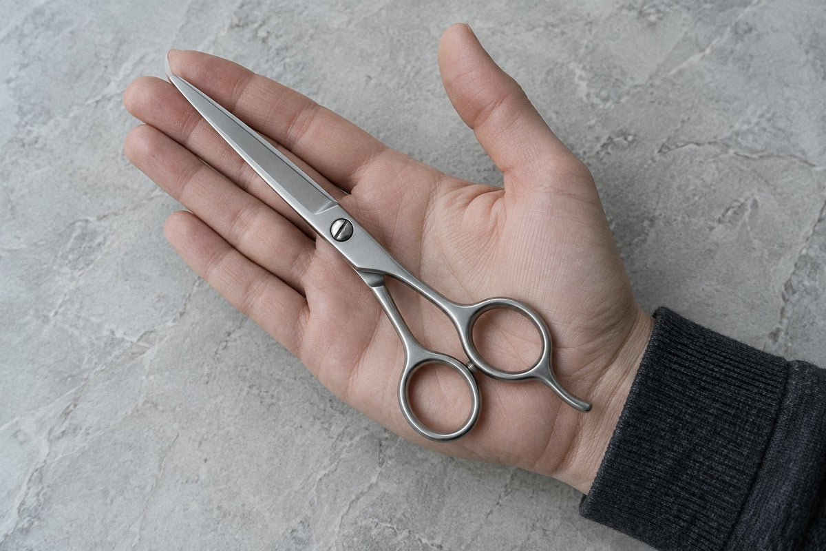 Une paire de ciseaux de coiffure posée dans la paume d’une main