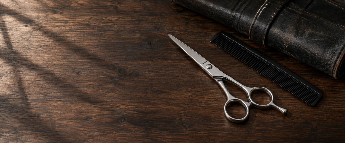 Ciseaux de coiffure et peigne posés sur un plan de travail en noyer