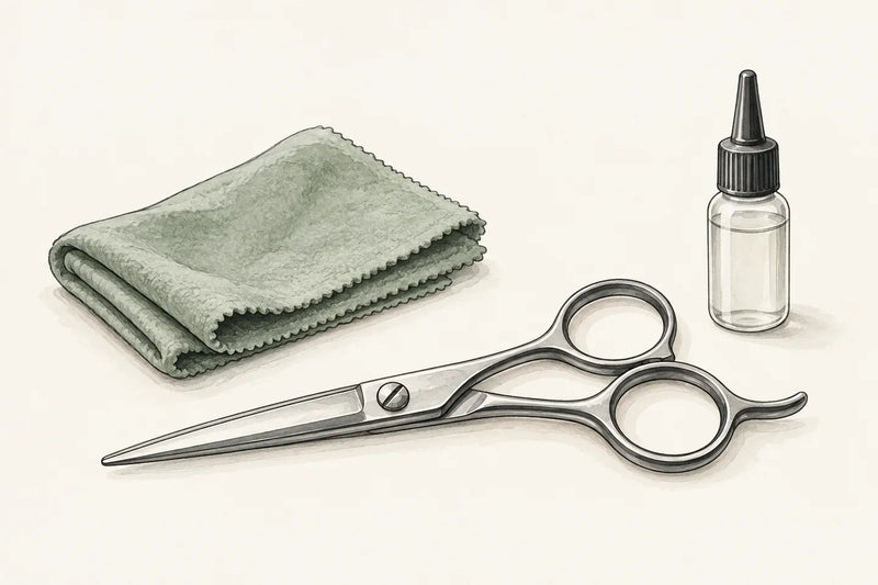 Illustration : ciseaux de coiffure, chiffon et flacon d’huile