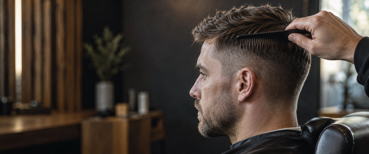 Un barbier travaille une coupe courte au peigne
