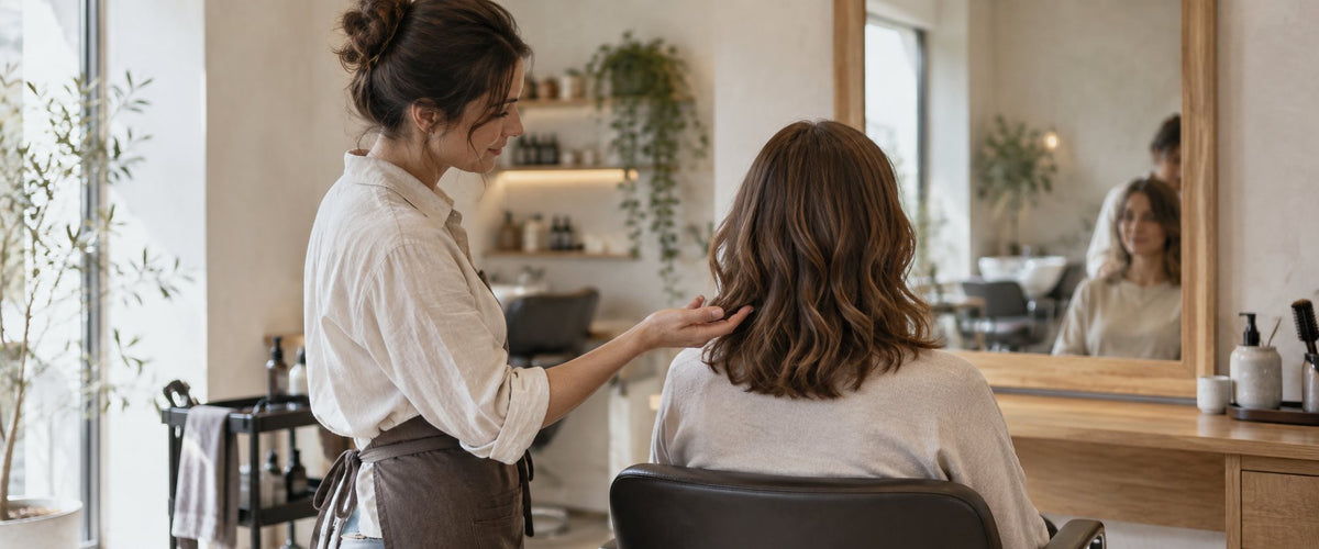Une coiffeuse conseille une cliente devant le miroir d’un salon de coiffure