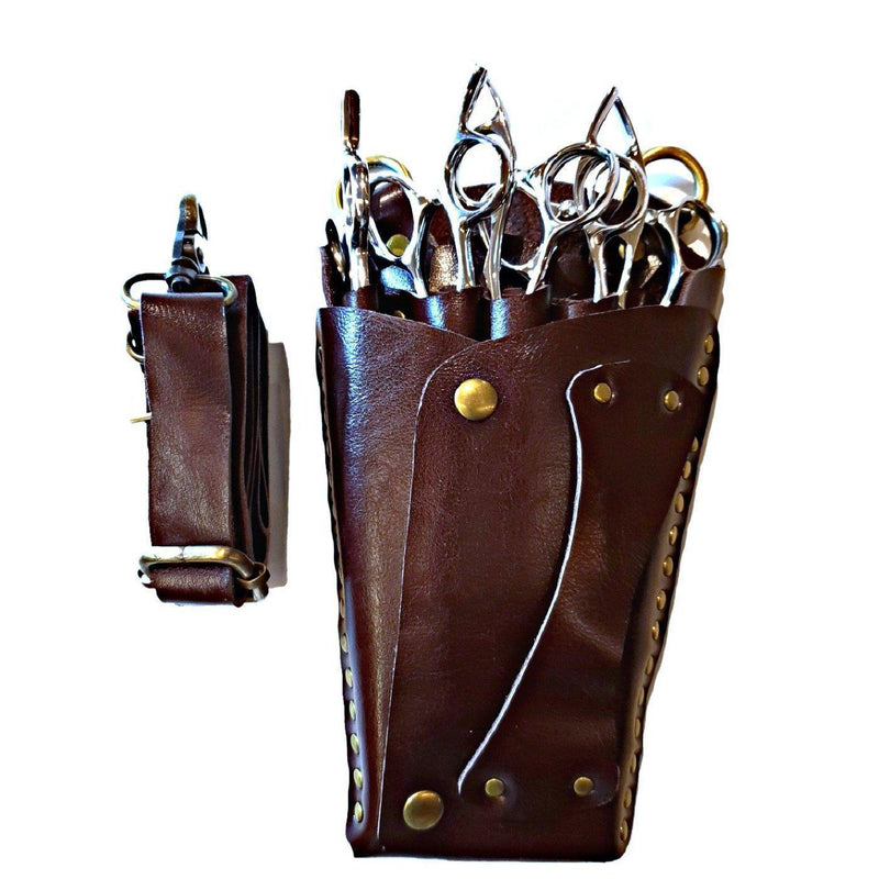 Etui-ceinture en cuir marron elegant pour cinq paires de ciseaux