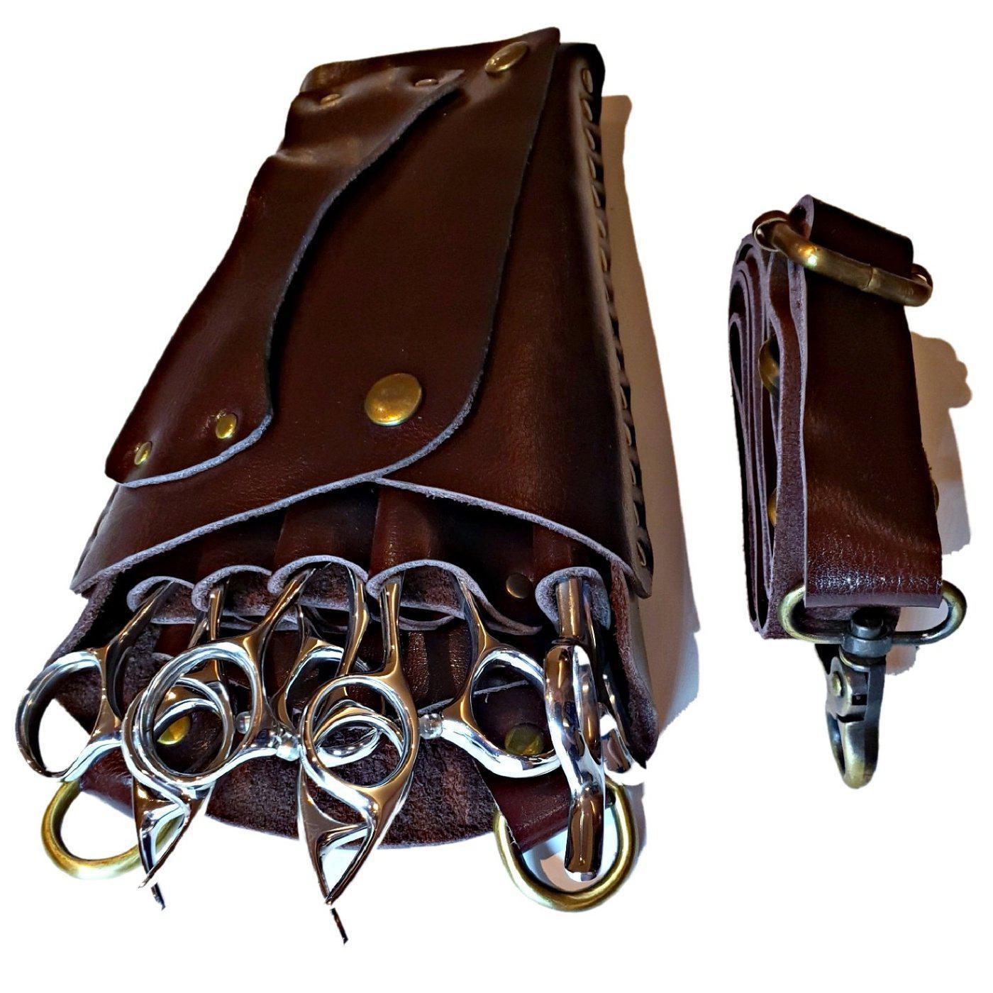 Etui-ceinture en cuir marron elegant pour cinq paires de ciseaux