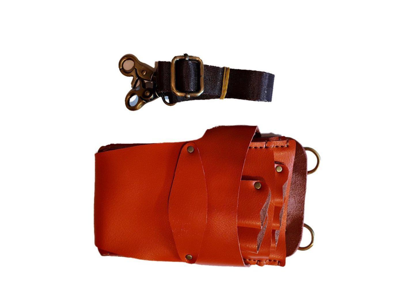 Etui-ceinture en cuir orange pour cinq paires de ciseaux de coiffure