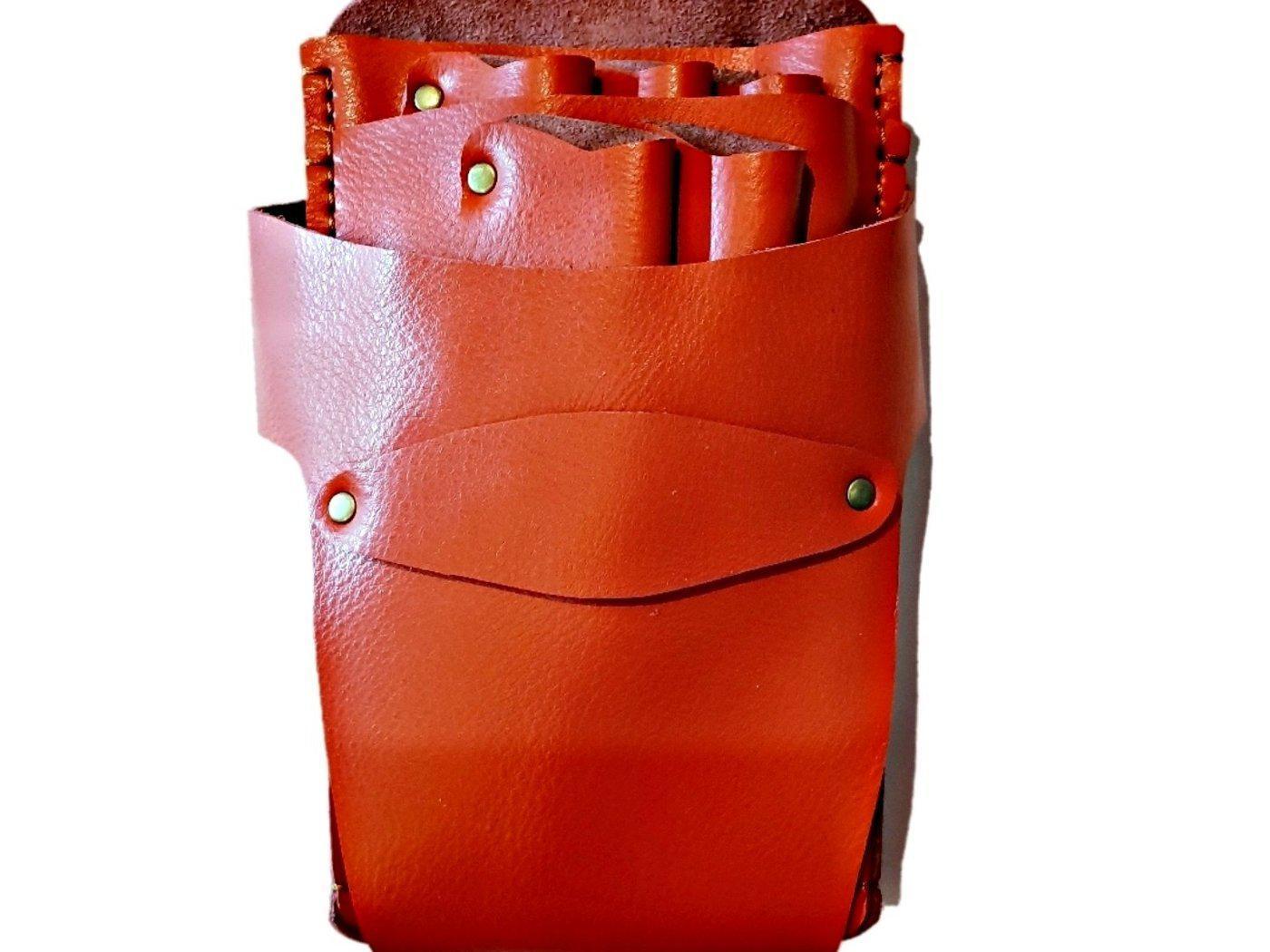 Etui-ceinture en cuir orange pour cinq paires de ciseaux de coiffure