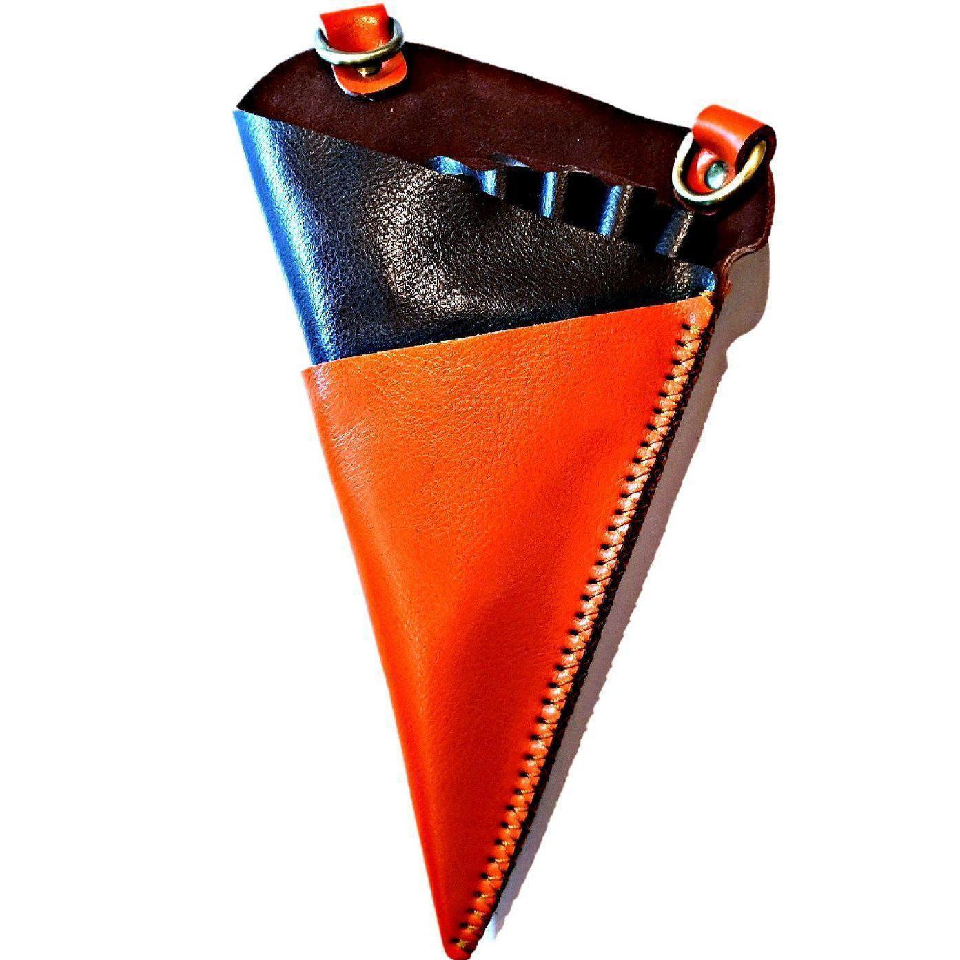 Etui-ceinture en cuir orange et marron pour cinq paires de ciseaux