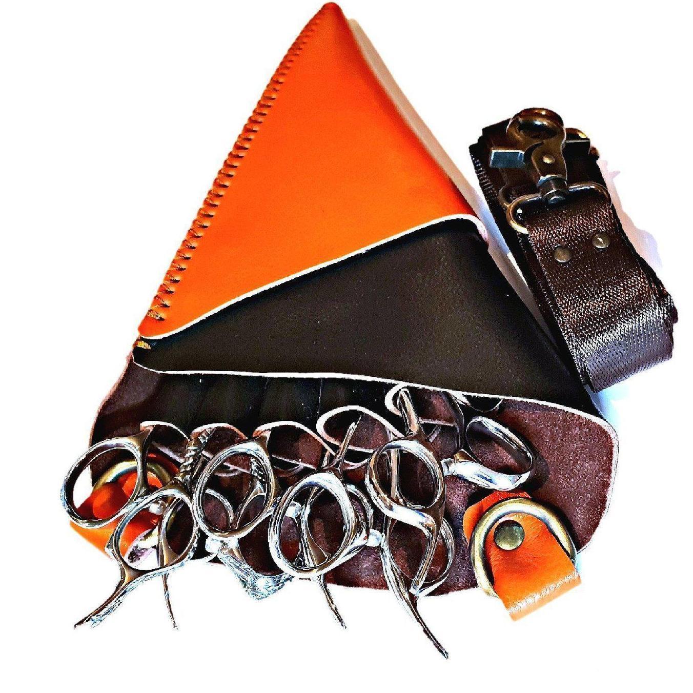 Etui-ceinture en cuir orange et marron pour cinq paires de ciseaux