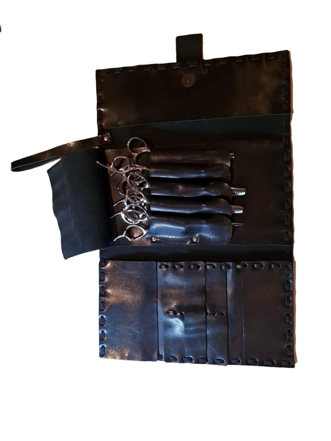 Pochette en cuir de vachette noir pour cinq paires de ciseaux